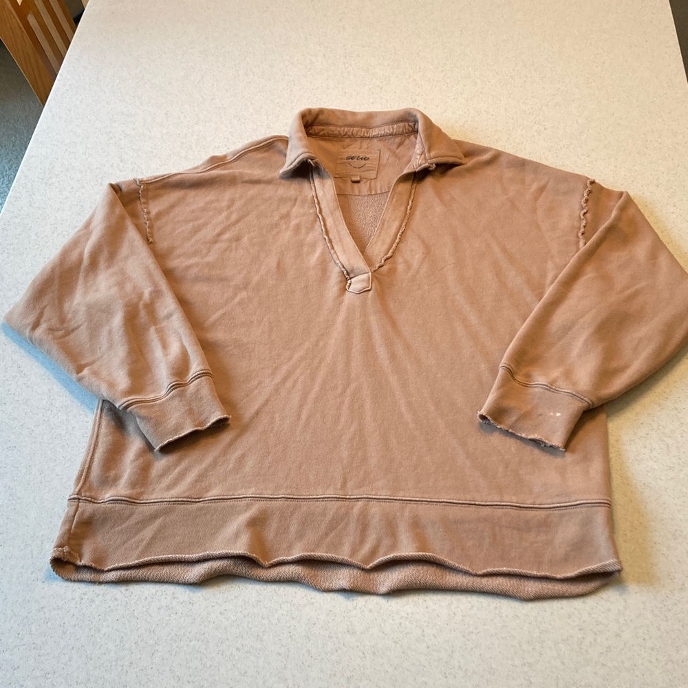 Aerie Distressed Oversized Popover Collared V-neck Tan Sweatshirt Women Size S - Picture 9 of 11